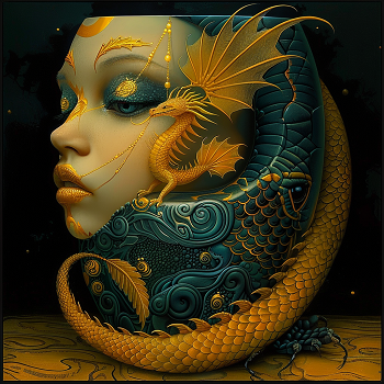 Zmaj u zlatnim nijansama obavija lice duhovnog bića, simbolizujući unutrašnju snagu, magiju i zaštitu – Eliksir Zmajeve Magije