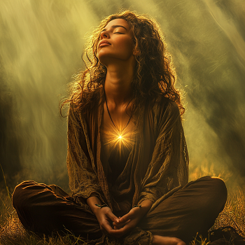 Žena u tišini, sa zatvorenim očima, dok zlatno svetlo blista iz njenog srca – simbol unutrašnjeg prihvatanja, isceljenja i poverenja u proces.