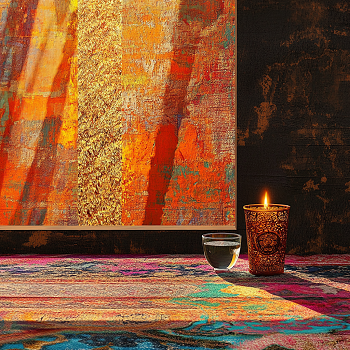 Prikaz meditativnog prostora sa svetlećom svećom i čašom vode, na šarenom tkanju u toplim bojama – simbol pripreme, tišine i svetlosne prisutnosti.