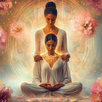 Duhovna scena isceljivanja: osoba u meditaciji prima nežni dodir podrške, okružena svetlošću, cvećem i zlatnim energetskim krugovima.